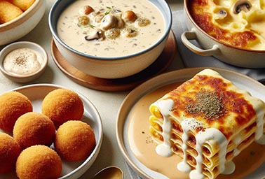 Un bol con salsa bechamel, un plato con croquetas, otro plato con lasaña y otro plato con crema de champiñones